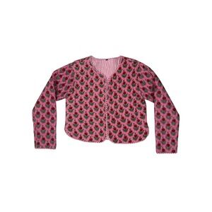 Pink Floral Block Print Quilted Reversible Jacket Boho Kantha Stripe Pink Red